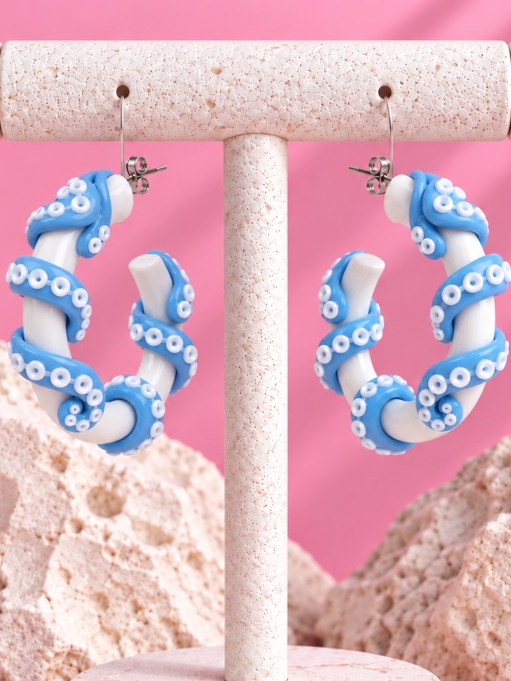 Tangled Tentacles — Handmade Hoop Earrings — White and Blue